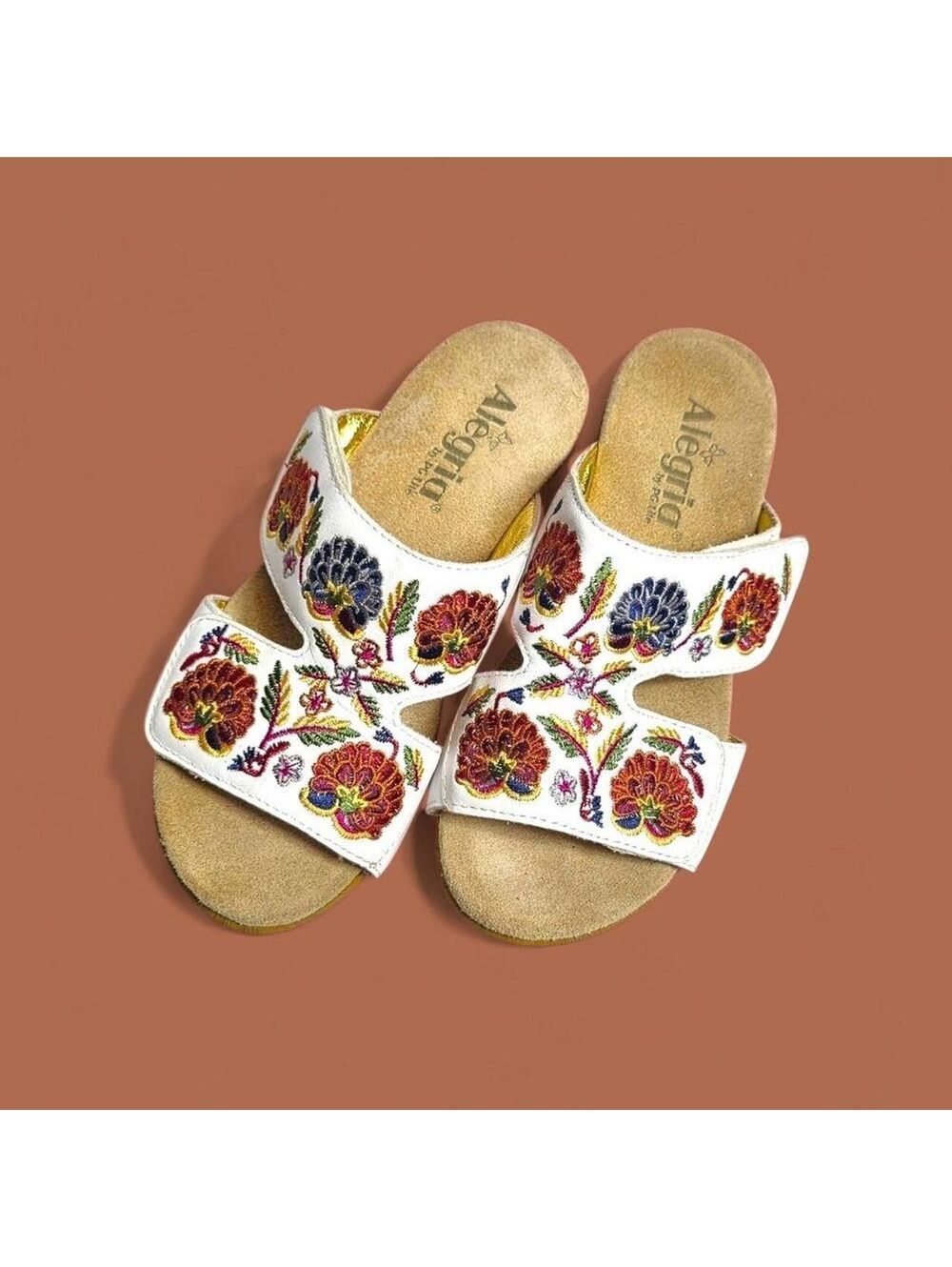 Alegria White Leather Floral Embroidered Wedge Slide Sandals Womens 37 - Picture 2 of 5